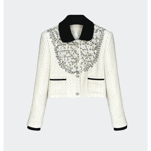 Sierra Darien Jackets & Blazers - Cream Cropped Embellished Jacket with Black Trim